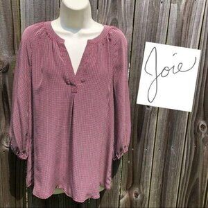 Joie Silk Gingham Blouse Medium Addie B Red Black Cream 3/4 Sleeve Pleat V Neck
